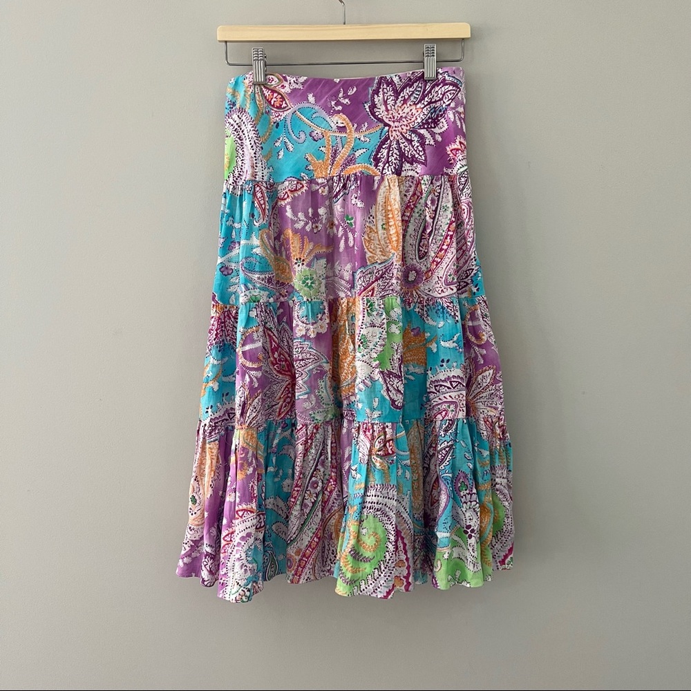 Lauren Ralph Lauren Skirt Small Boho Paisley Tiered Midi Multicolor Purple Blue
